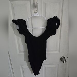 Zara Womens Ribbed Ruffle Sleeve Bodysuit Black Size Medium